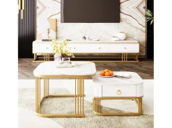 Mesa De Centro|Merax Conjunto de 2 mesas de centro encaixáveis com 1 gaveta, mesa de centro quadrada - tampos em mármore - madeira e metal - branco brilhante Marfim