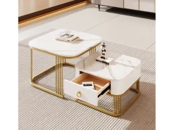 Mesa De Centro|Merax Conjunto de 2 mesas de centro encaixáveis com 1 gaveta, mesa de centro quadrada - tampos em mármore - madeira e metal - branco brilhante Marfim