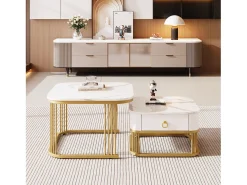 Mesa De Centro|Merax Conjunto de 2 mesas de centro encaixáveis com 1 gaveta, mesa de centro quadrada - tampos em mármore - madeira e metal - branco brilhante Marfim