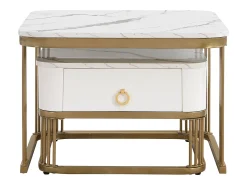 Mesa De Centro|Merax Conjunto de 2 mesas de centro encaixáveis com 1 gaveta, mesa de centro quadrada - tampos em mármore - madeira e metal - branco brilhante Marfim