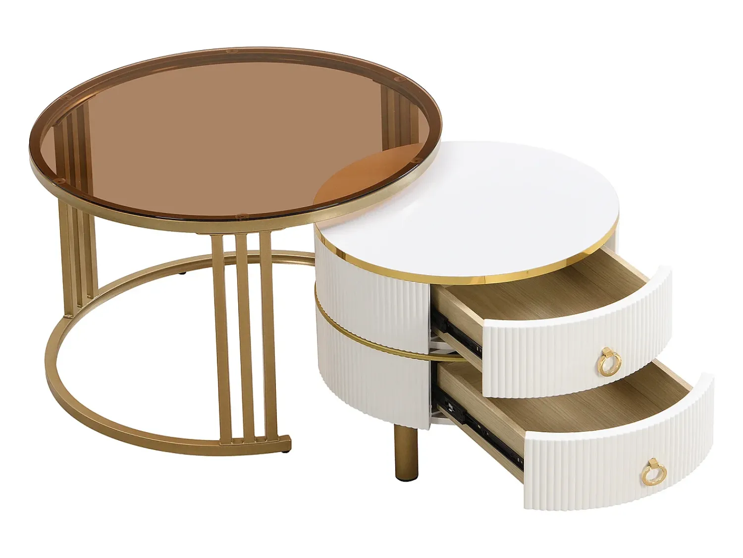 Mesa De Centro|Merax Conjunto de 2 mesas de centro redondas 2 em 1, mesa lateral em MDF - tampo em vidro temperado marrom - 2 gavetas - 70x70x45 + 50x50x40 cm Branco