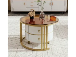 Mesa De Centro|Merax Conjunto de 2 mesas de centro redondas 2 em 1, mesa lateral em MDF - tampo em vidro temperado marrom - 2 gavetas - 70x70x45 + 50x50x40 cm Branco