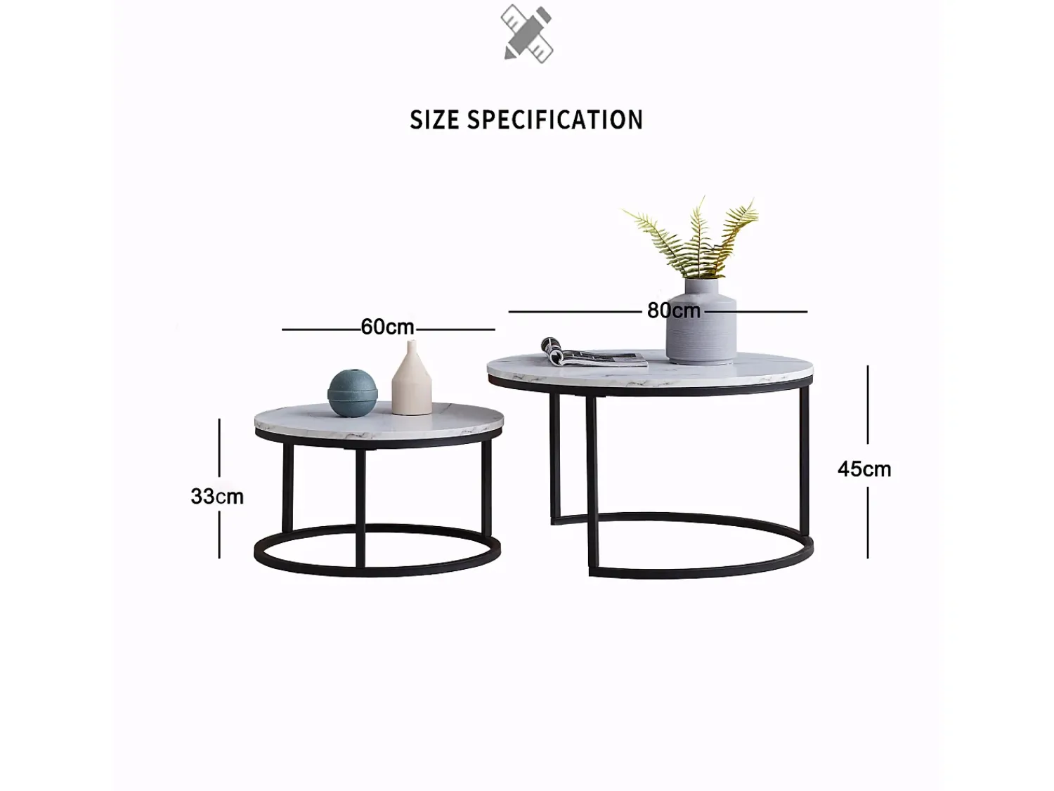Conjunto de 2 mesas de centro encaixáveis - mármore e metal preto, mesa lateral moderna e redonda para sala de estar e quarto^ Mesa De Centro