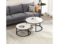 Conjunto de 2 mesas de centro encaixáveis - mármore e metal preto, mesa lateral moderna e redonda para sala de estar e quarto^ Mesa De Centro