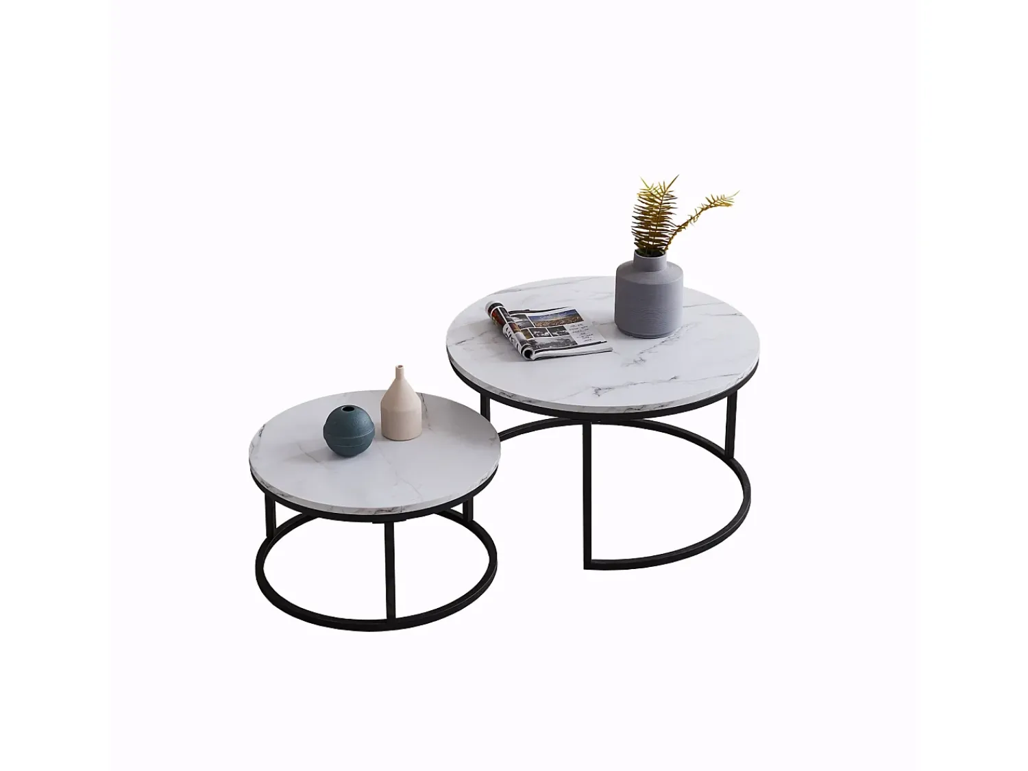 Conjunto de 2 mesas de centro encaixáveis - mármore e metal preto, mesa lateral moderna e redonda para sala de estar e quarto^ Mesa De Centro