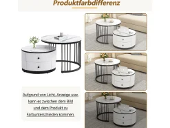 Mesa De Centro|Merax Conjunto de 2 mesas de centro encaixáveis com 2 gavetas - 60 x 60 x 45,5 cm + 50 x 50 x 32 cm - Aspecto de mármore brilhante - MDF - e branco Preto