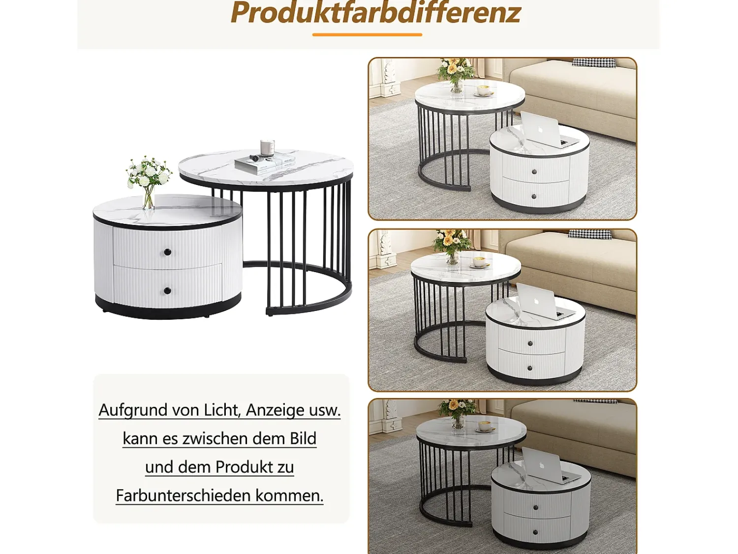 Mesa De Centro|Merax Conjunto de 2 mesas de centro encaixáveis com 2 gavetas - 60 x 60 x 45,5 cm + 50 x 50 x 32 cm - Aspecto de mármore brilhante - MDF - e branco Preto