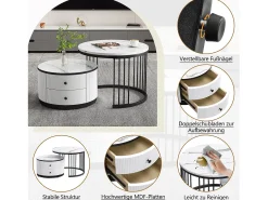 Mesa De Centro|Merax Conjunto de 2 mesas de centro encaixáveis com 2 gavetas - 60 x 60 x 45,5 cm + 50 x 50 x 32 cm - Aspecto de mármore brilhante - MDF - e branco Preto