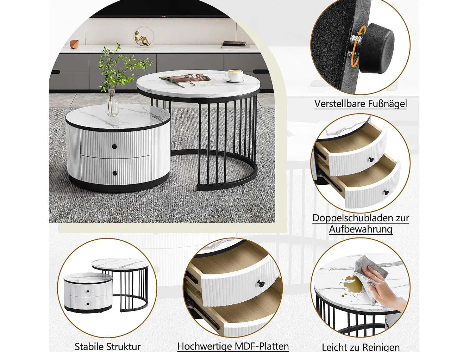 Mesa De Centro|Merax Conjunto de 2 mesas de centro encaixáveis com 2 gavetas - 60 x 60 x 45,5 cm + 50 x 50 x 32 cm - Aspecto de mármore brilhante - MDF - e branco Preto