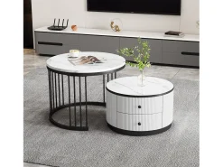Mesa De Centro|Merax Conjunto de 2 mesas de centro encaixáveis com 2 gavetas - 60 x 60 x 45,5 cm + 50 x 50 x 32 cm - Aspecto de mármore brilhante - MDF - e branco Preto