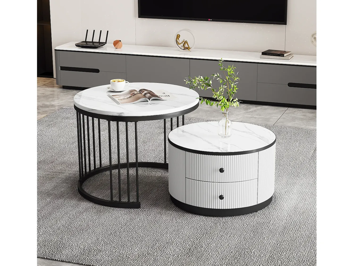 Mesa De Centro|Merax Conjunto de 2 mesas de centro encaixáveis com 2 gavetas - 60 x 60 x 45,5 cm + 50 x 50 x 32 cm - Aspecto de mármore brilhante - MDF - e branco Preto