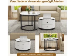 Mesa De Centro|Merax Conjunto de 2 mesas de centro encaixáveis com 2 gavetas - 60 x 60 x 45,5 cm + 50 x 50 x 32 cm - Aspecto de mármore brilhante - MDF - e branco Preto