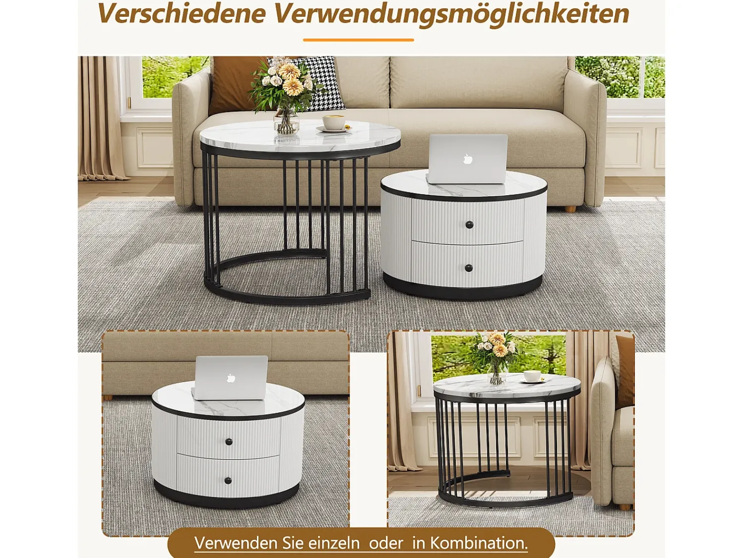 Mesa De Centro|Merax Conjunto de 2 mesas de centro encaixáveis com 2 gavetas - 60 x 60 x 45,5 cm + 50 x 50 x 32 cm - Aspecto de mármore brilhante - MDF - e branco Preto