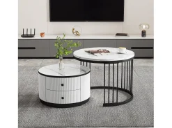 Mesa De Centro|Merax Conjunto de 2 mesas de centro encaixáveis com 2 gavetas - 60 x 60 x 45,5 cm + 50 x 50 x 32 cm - Aspecto de mármore brilhante - MDF - e branco Preto
