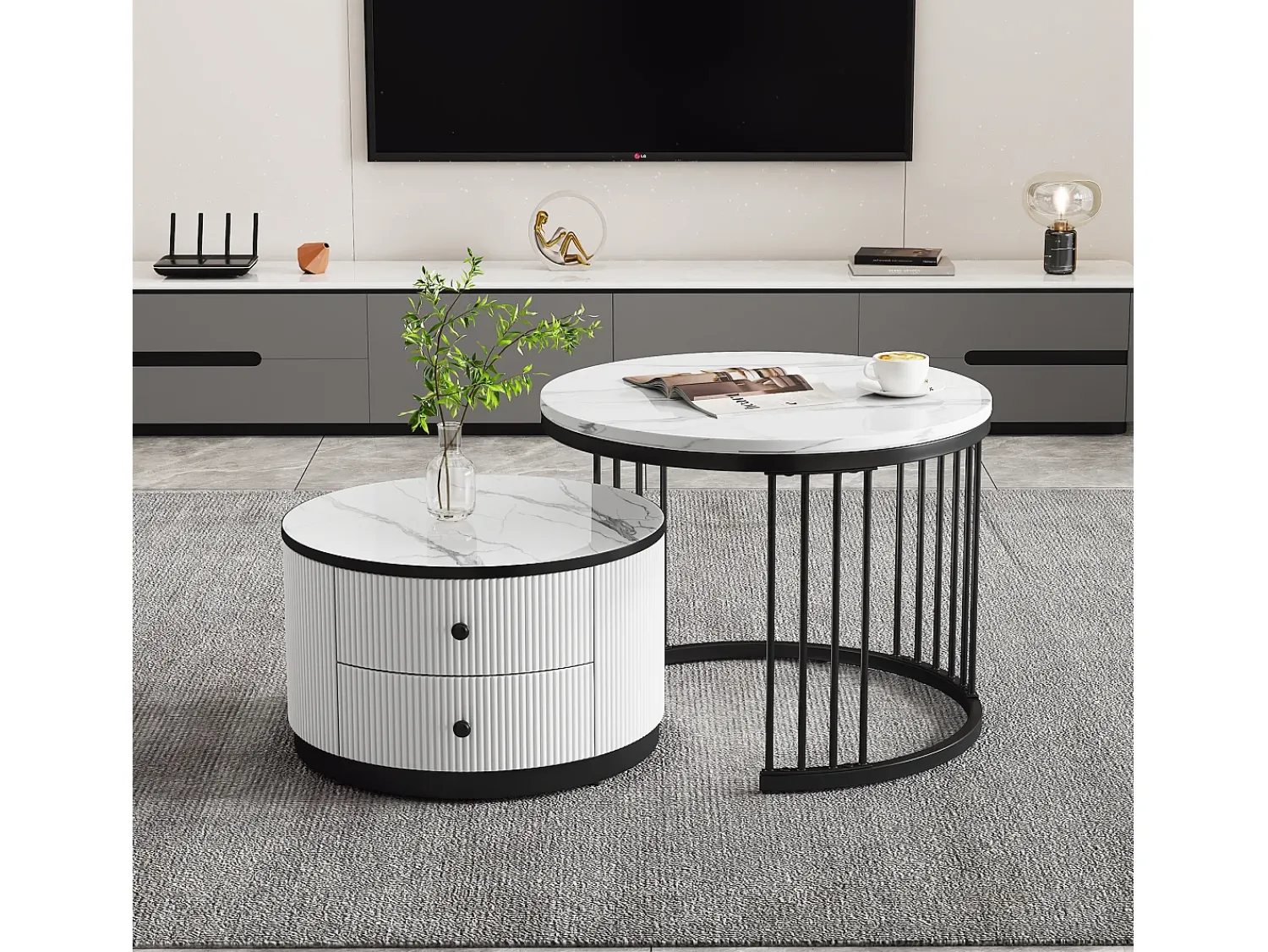 Mesa De Centro|Merax Conjunto de 2 mesas de centro encaixáveis com 2 gavetas - 60 x 60 x 45,5 cm + 50 x 50 x 32 cm - Aspecto de mármore brilhante - MDF - e branco Preto