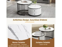 Mesa De Centro|Merax Conjunto de 2 mesas de centro encaixáveis com 2 gavetas - 60 x 60 x 45,5 cm + 50 x 50 x 32 cm - Aspecto de mármore brilhante - MDF - e branco Preto