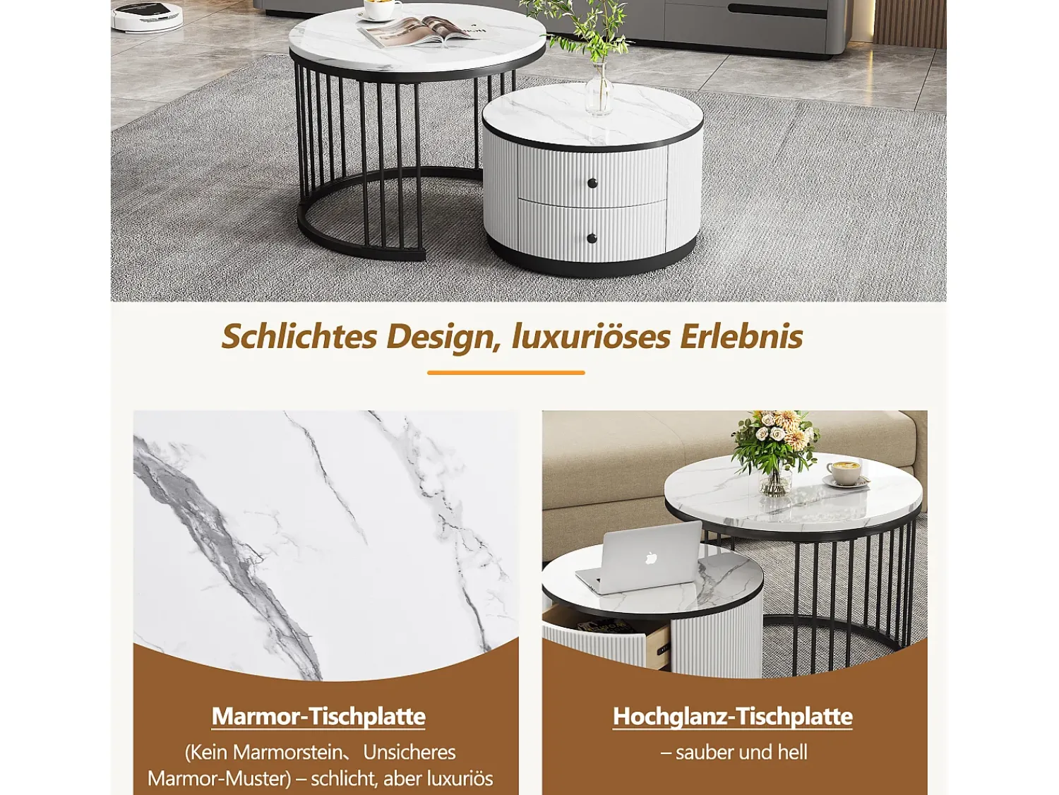 Mesa De Centro|Merax Conjunto de 2 mesas de centro encaixáveis com 2 gavetas - 60 x 60 x 45,5 cm + 50 x 50 x 32 cm - Aspecto de mármore brilhante - MDF - e branco Preto
