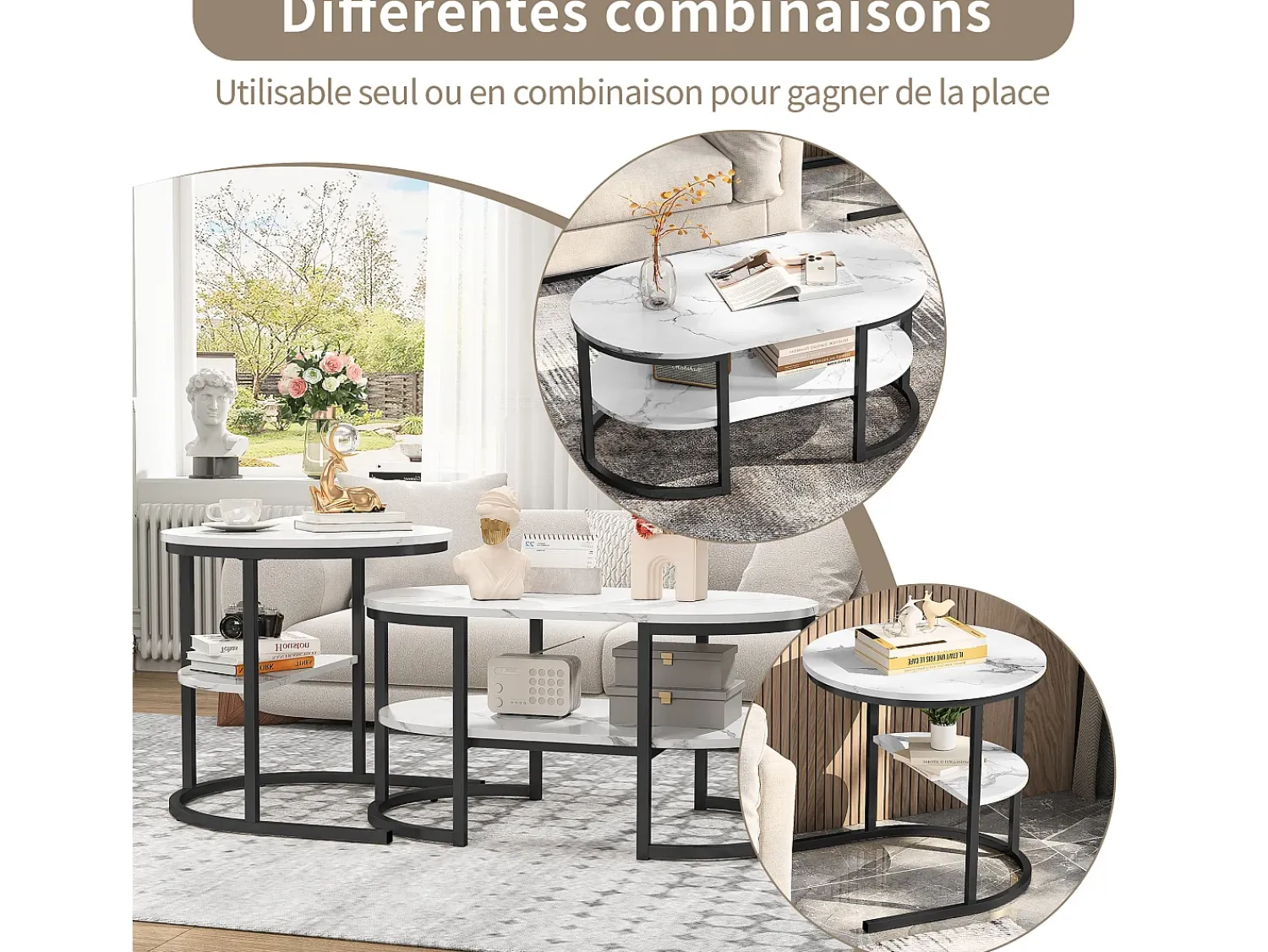Conjunto de 2 mesas de centro encaixáveis escandinavas - oval, estampa de mármore, prateleiras de armazenamento, estrutura de metal preta^ Mesa De Centro