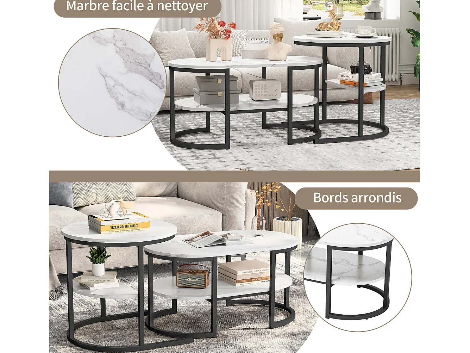 Conjunto de 2 mesas de centro encaixáveis escandinavas - oval, estampa de mármore, prateleiras de armazenamento, estrutura de metal preta^ Mesa De Centro