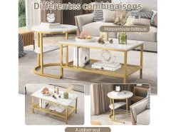 Conjunto de 2 mesas de centro encaixáveis, mesa encaixável com design de mármore, estrutura de metal^ Mesa De Centro
