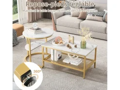 Conjunto de 2 mesas de centro encaixáveis, mesa encaixável com design de mármore, estrutura de metal^ Mesa De Centro