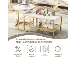 Conjunto de 2 mesas de centro encaixáveis, mesa encaixável com design de mármore, estrutura de metal^ Mesa De Centro