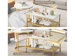 Conjunto de 2 mesas de centro encaixáveis, mesa encaixável com design de mármore, estrutura de metal^ Mesa De Centro