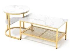 Conjunto de 2 mesas de centro encaixáveis, mesa encaixável com design de mármore, estrutura de metal^ Mesa De Centro