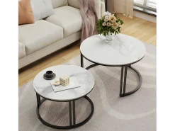 Mesa De Centro| Conjunto de 2 Mesas de Centro Redondas Sobrepostas com Efeito Mármore e Base Metálica Branco