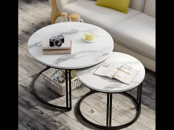 Mesa De Centro| Conjunto de 2 Mesas de Centro Redondas Sobrepostas com Efeito Mármore e Base Metálica Branco