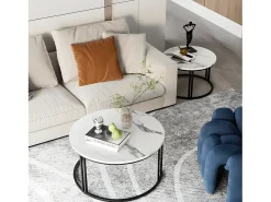 Mesa De Centro| Conjunto de 2 Mesas de Centro Redondas Sobrepostas com Efeito Mármore e Base Metálica Branco