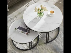 Mesa De Centro| Conjunto de 2 Mesas de Centro Redondas Sobrepostas com Efeito Mármore e Base Metálica Branco