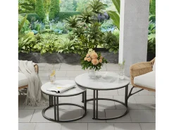 Mesa De Centro| Conjunto de 2 Mesas de Centro Redondas Sobrepostas com Efeito Mármore e Base Metálica Branco
