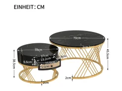 Conjunto de 2 mesas de centro redondas 2 em 1 - Estrutura em metal dourado / gaveta em rattan - Preta^ Mesa De Centro