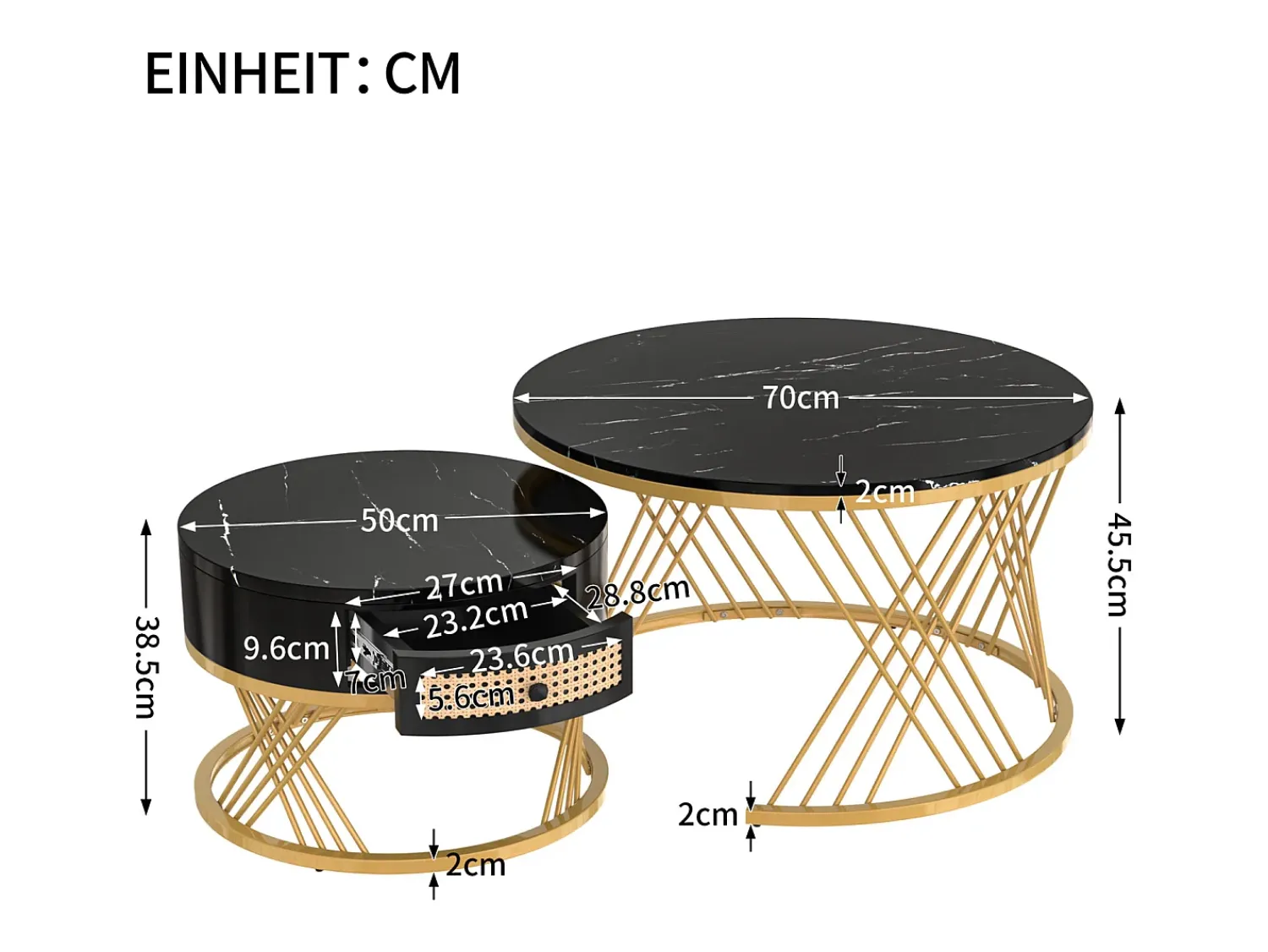 Conjunto de 2 mesas de centro redondas 2 em 1 - Estrutura em metal dourado / gaveta em rattan - Preta^ Mesa De Centro