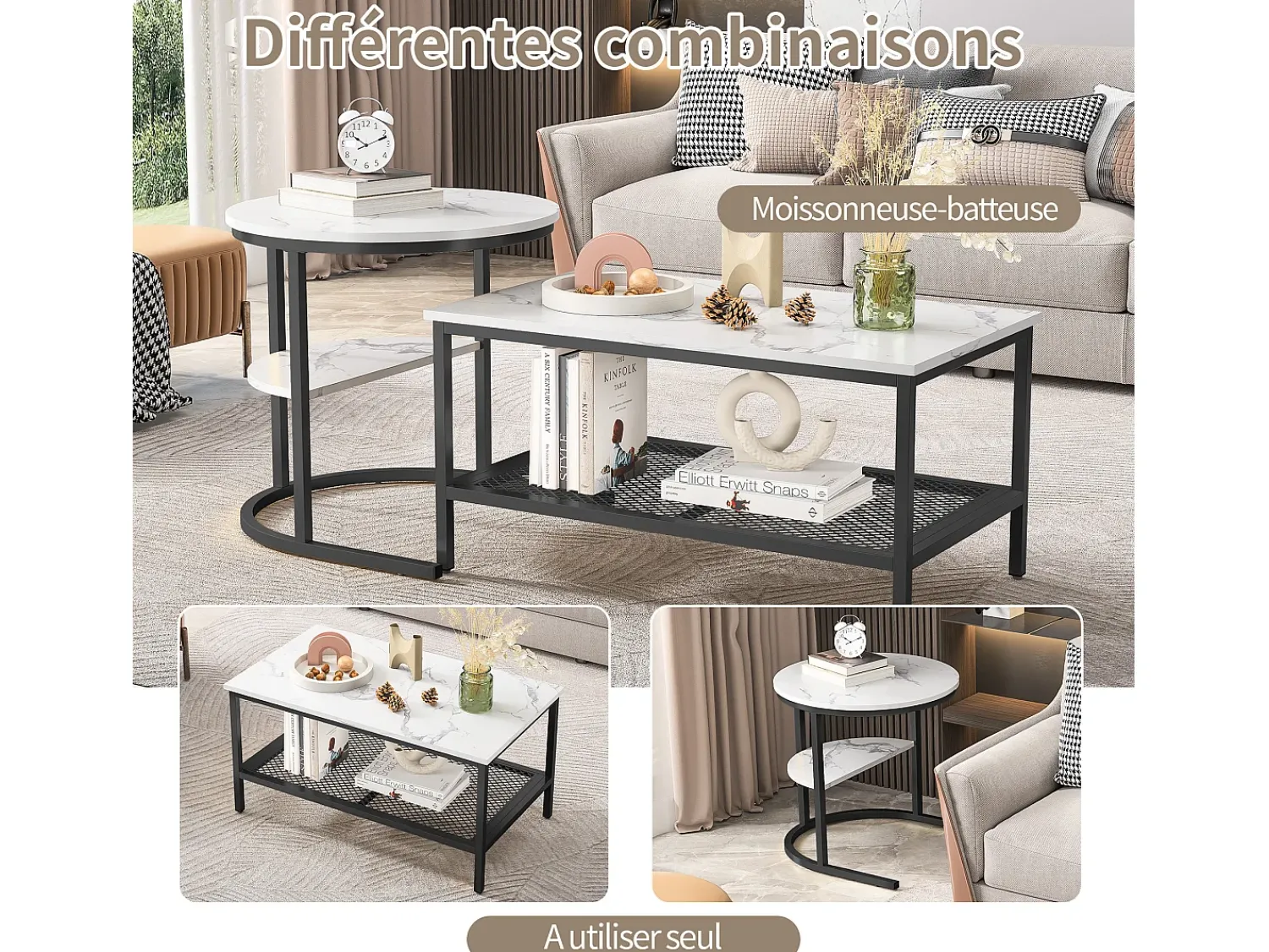 Clearance Conjunto de 2 mesas de centro encaixáveis, mesa encaixável com design de mármore, estrutura de metal Preto