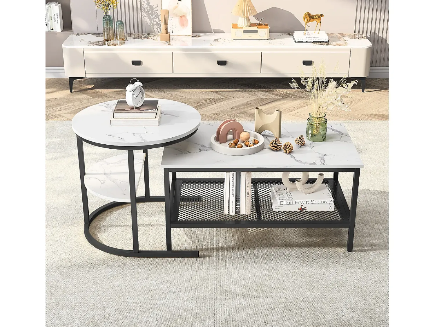 Clearance Conjunto de 2 mesas de centro encaixáveis, mesa encaixável com design de mármore, estrutura de metal Preto