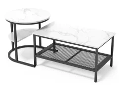 Clearance Conjunto de 2 mesas de centro encaixáveis, mesa encaixável com design de mármore, estrutura de metal Preto