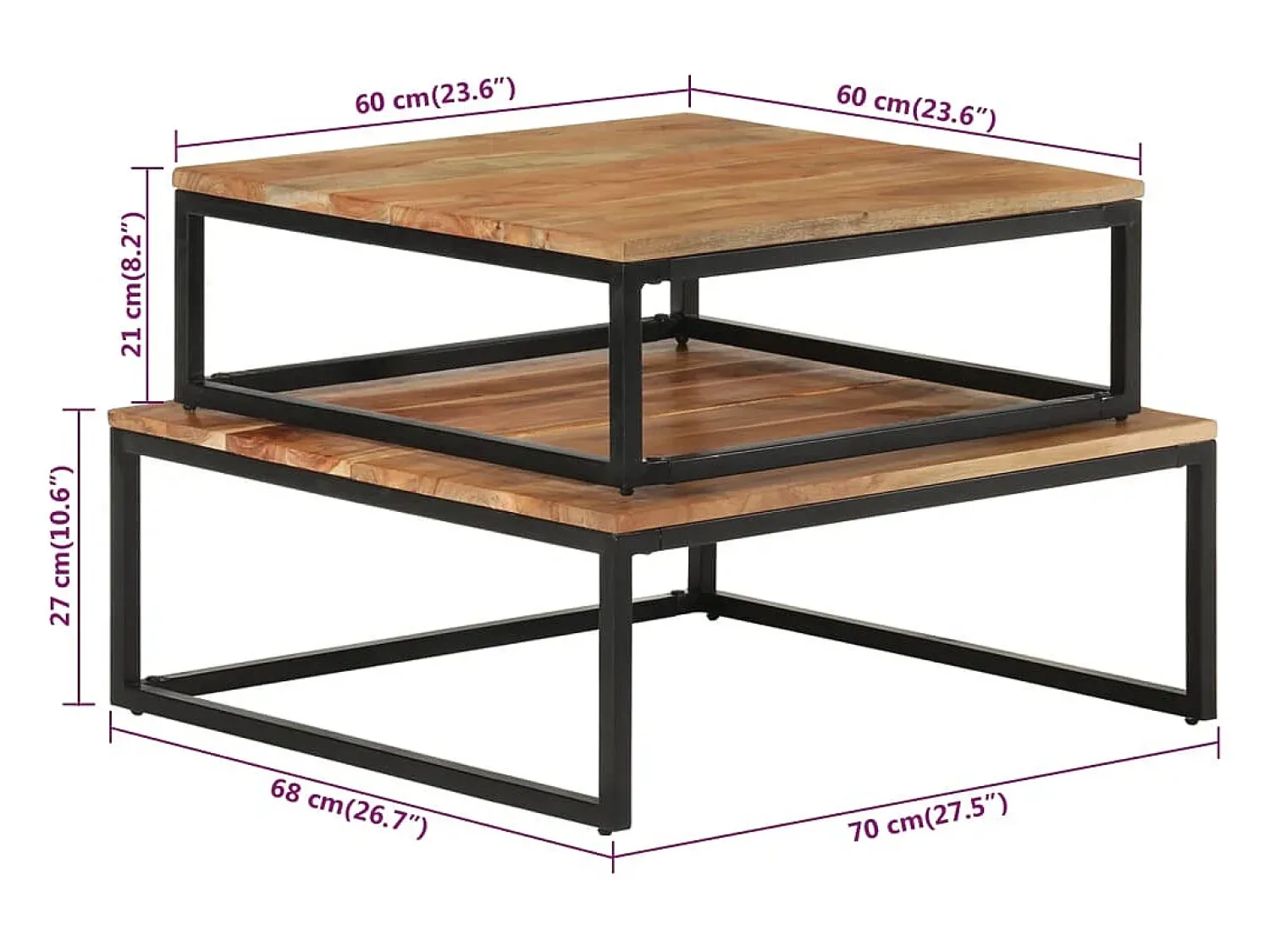 Mesa De Centro* Conjunto de 2 Mesas de Centro | Mesa de apoio de encastrar madeira de acácia maciça Castanho