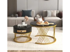 Mesa De Centro|Merax Conjunto de 2 mesas de centro encastradas com gaveta - madeira MDF e metal - tampo padrão mármore - Preto