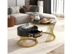 Mesa De Centro|Merax Conjunto de 2 mesas de centro encastradas com gaveta - madeira MDF e metal - tampo padrão mármore - Preto