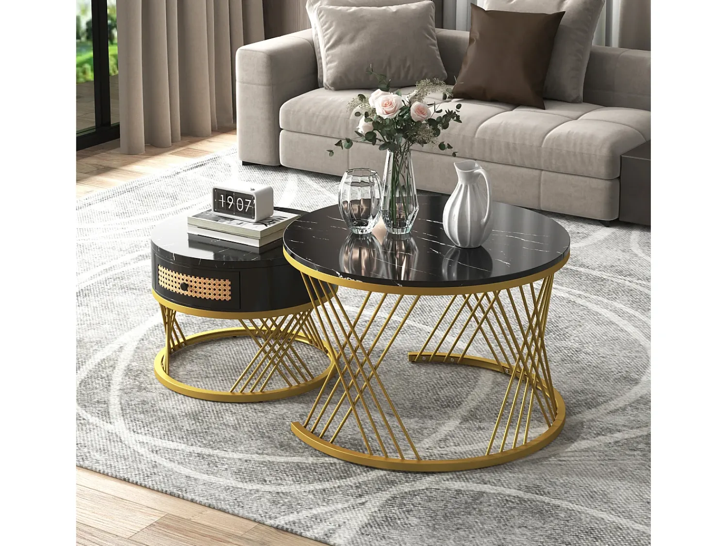Mesa De Centro|Merax Conjunto de 2 mesas de centro encastradas com gaveta - madeira MDF e metal - tampo padrão mármore - Preto