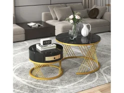 Mesa De Centro|Merax Conjunto de 2 mesas de centro encastradas com gaveta - madeira MDF e metal - tampo padrão mármore - Preto