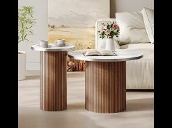 Clearance DripeX Conjunto de 2 Mesas de centro redondas - base de coluna romana - folheado mármore - Castanho chocolate