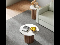 Clearance DripeX Conjunto de 2 Mesas de centro redondas - base de coluna romana - folheado mármore - Castanho chocolate