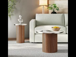 Clearance DripeX Conjunto de 2 Mesas de centro redondas - base de coluna romana - folheado mármore - Castanho chocolate