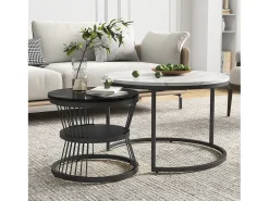 Mesa De Centro| Conjunto de 2 mesas de centro redondas modernas - mármore e metal, elegantes para sala de estar, escritório, varanda Branco
