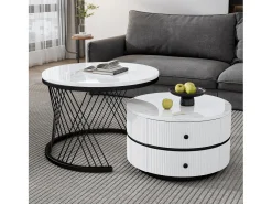 Mesa De Centro*ModernLuxe Conjunto de 2 mesas de encastrar - 2 gavetas - tampo em mármore - Branco e Preto Preto / Branco