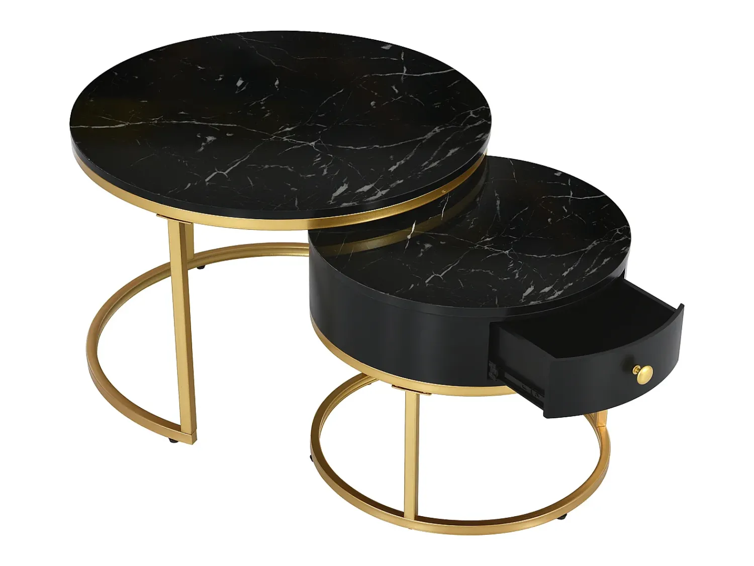 Outlet ModernLuxe Conjunto de 2 mesas de encastrar com gaveta - folheado com padrão mármore - aspecto brilhante - Preto