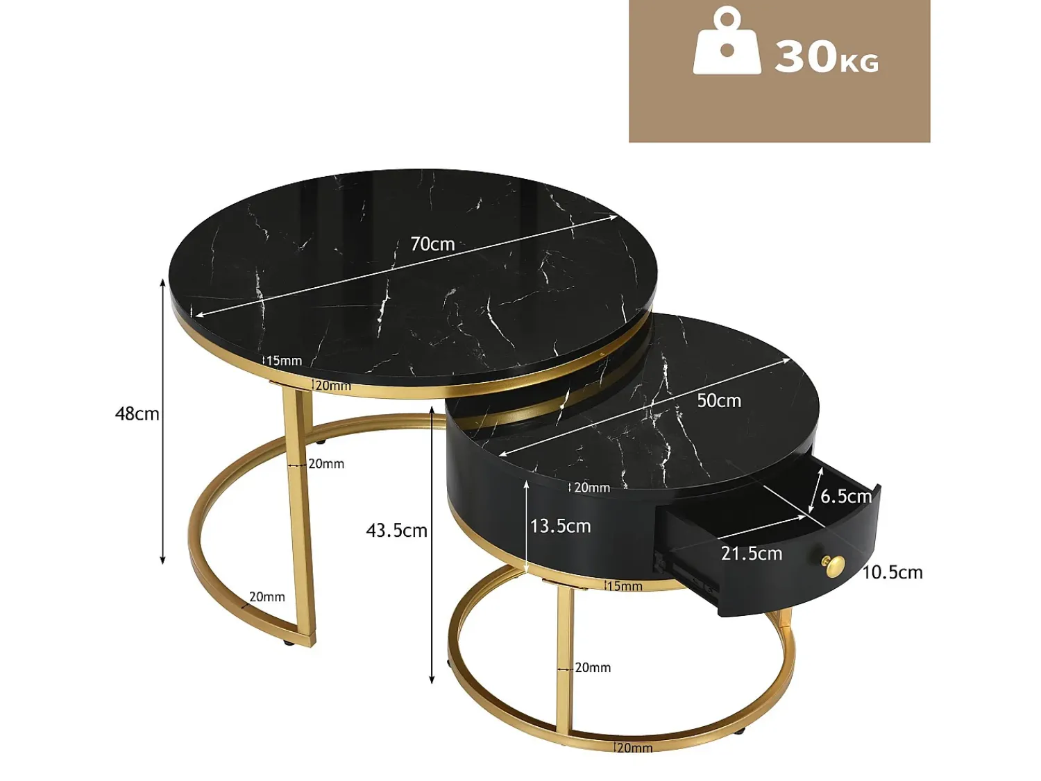 Outlet ModernLuxe Conjunto de 2 mesas de encastrar com gaveta - folheado com padrão mármore - aspecto brilhante - Preto